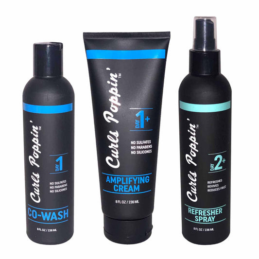 curls poppin trio pack contains co-wash, amplifying cream and refresher spray 