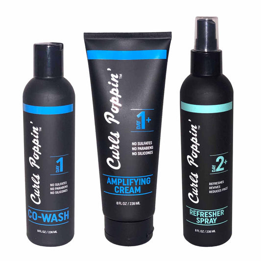 curls poppin trio pack contains co-wash, amplifying cream and refresher spray