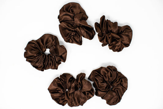soft satin scrunchies in brown colour, curls poppin